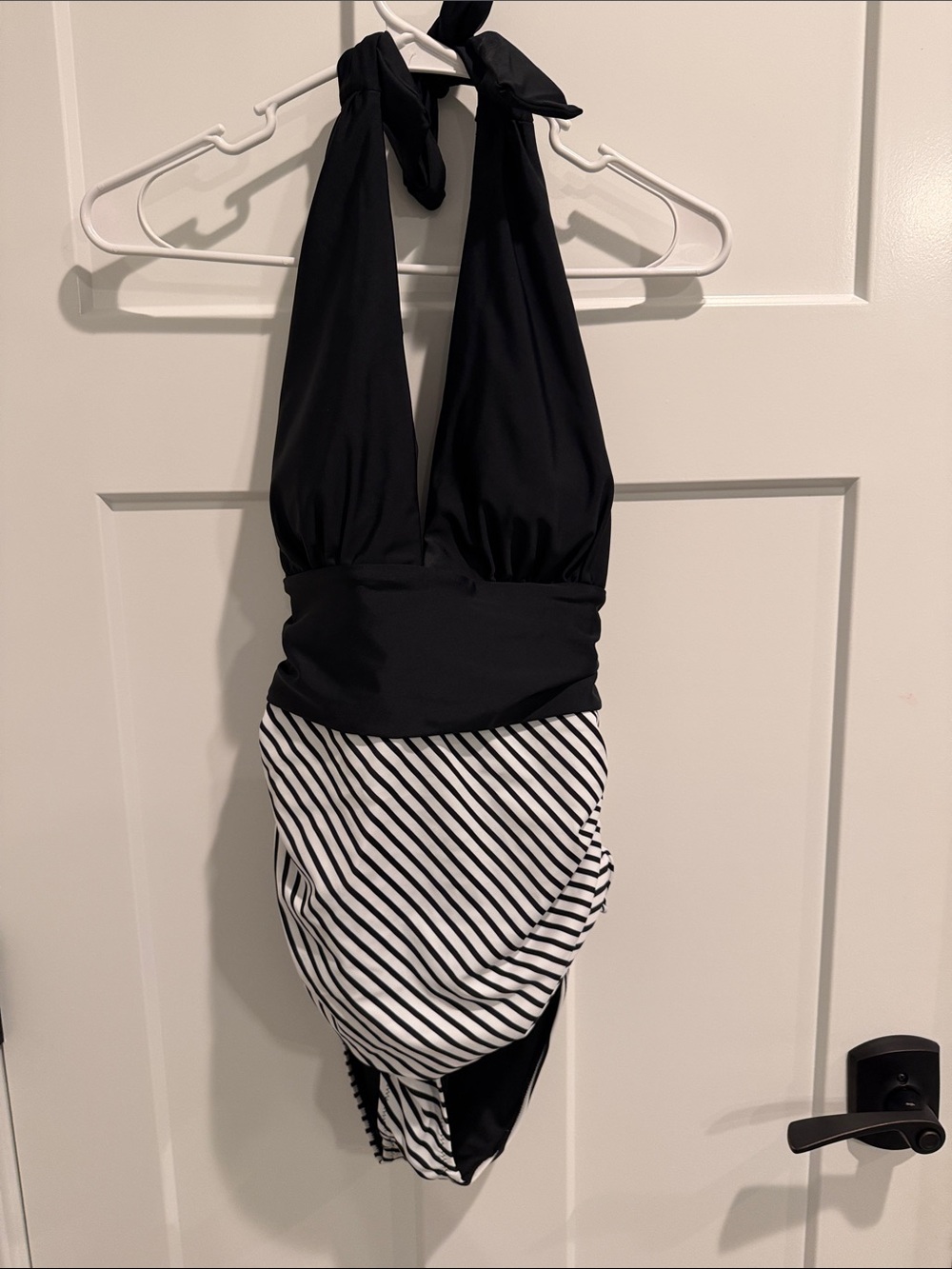Black & White Halter One-Piece Swimsuit with Diagonal Stripes
